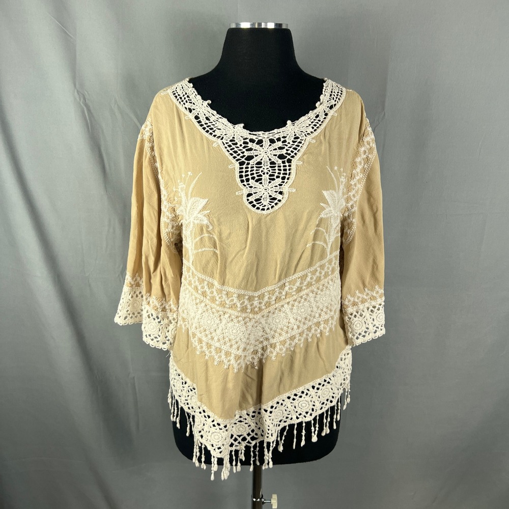 Solitaire Tunic Blouse Women XL Beige Rayon Crochet Lace Trim Fringe Tassel Boho